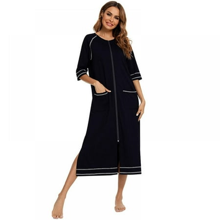 

Womens Sleepwear Mid Sleeve Nightgown Zipper Pajamas for Women Nightshirt S-XXL