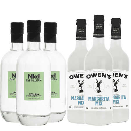 Nkd Distillery Tequila 3 Pack Alternative Premium Non-Alcoholic Spirit 750 ML Bottles w 3 Pack Owen’s Mixers Margarita Mix 750 ML Bottles - A