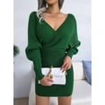 thumbnail image 6 of Women'S Cocktail Knitted Sweater Dress Long Sleeve Batwing Sleeve V-Neck Backless Mini Dress Green M, 6 of 8