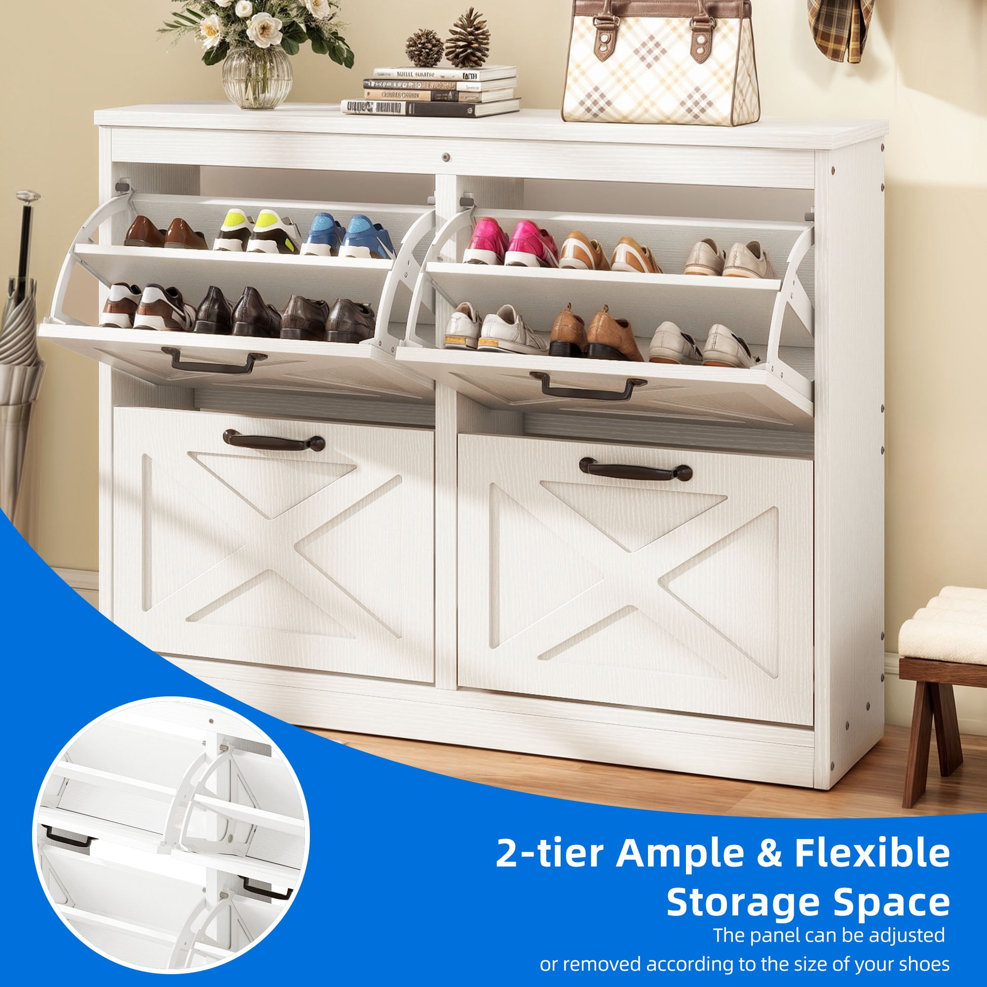 Uforic Shoe Storage Cabinet with 4 Flip Drawers, Farmhouse Wood Shoe Cabinet, FreeStanding Narrow Shoe Rack Organizer with Metal Legs for Entryway, Hallway, White