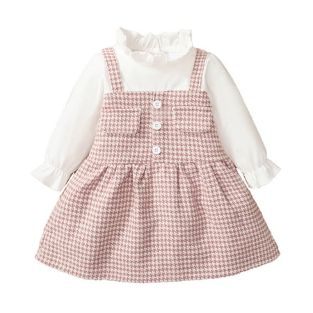 

Kucnuzki 9 Months Infant Baby Girl Winter Dress Causal Dress 12 Months Infant Girl Long Sleeve Contrast Houndstooth Prints Ruffled Layer Casual Dress Pink