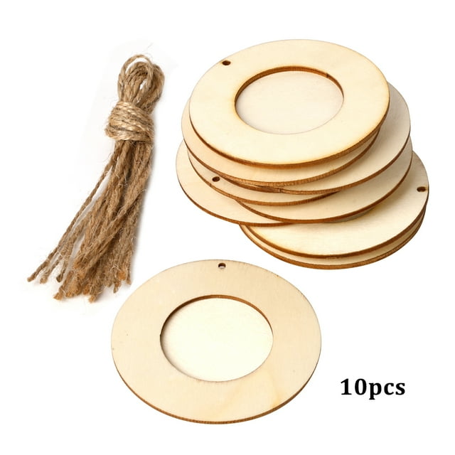 Moobody 10pcs Mini Round Wood Photo Frame Picture Holder with Hanging Rope DIY Wooden Crafts for Wall Decoration