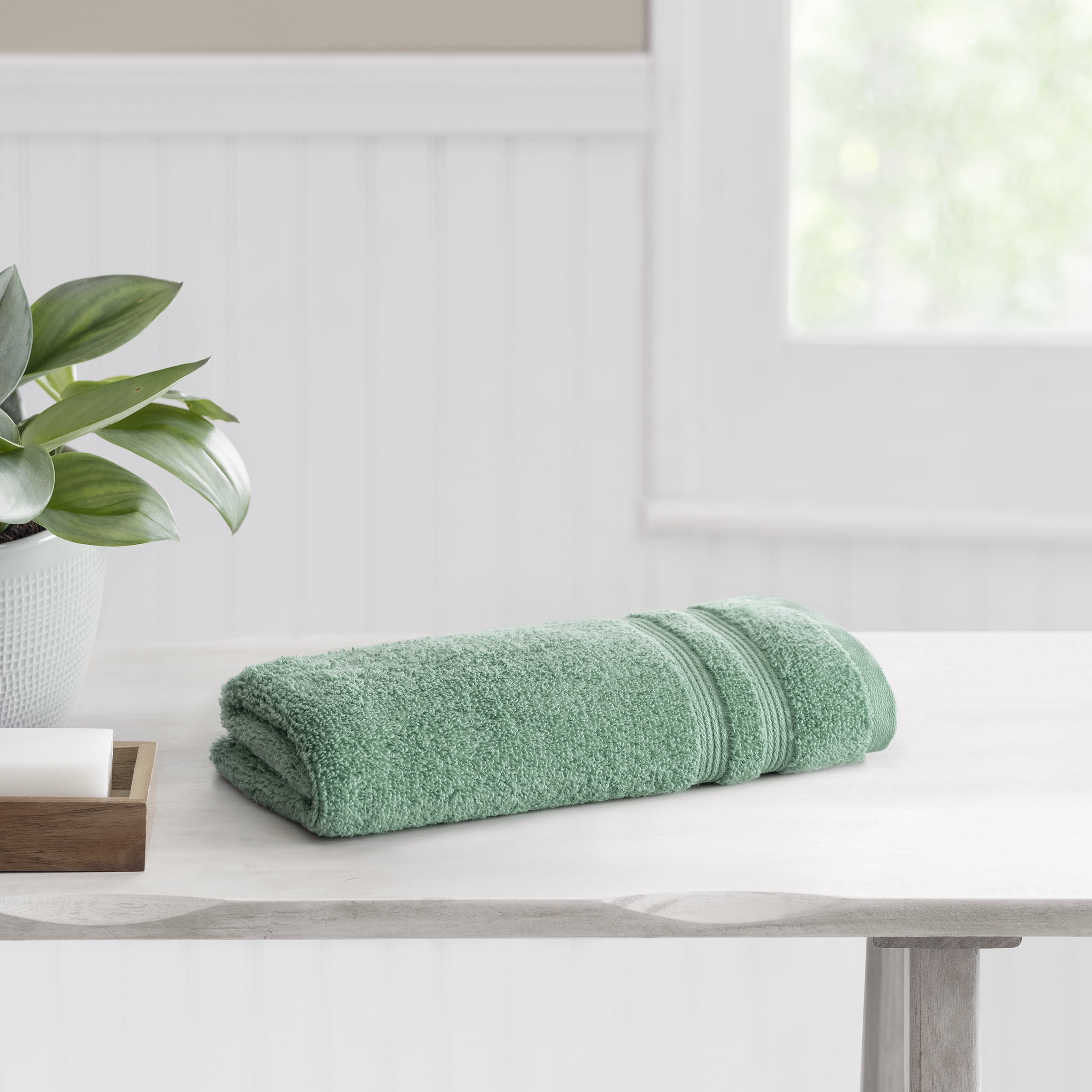 Mainstays Performance Cotton Hand Towel, Super Soft Quick Dry Fade Resistant, Solid Green Sage