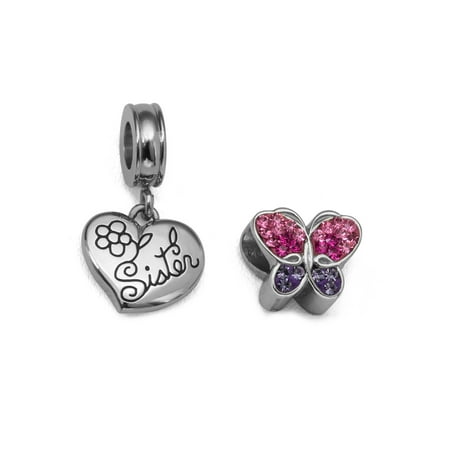 Tinkerbell Heart Charm - Crystal Stainless Steel Sister Heart and Butterfly Charm Set