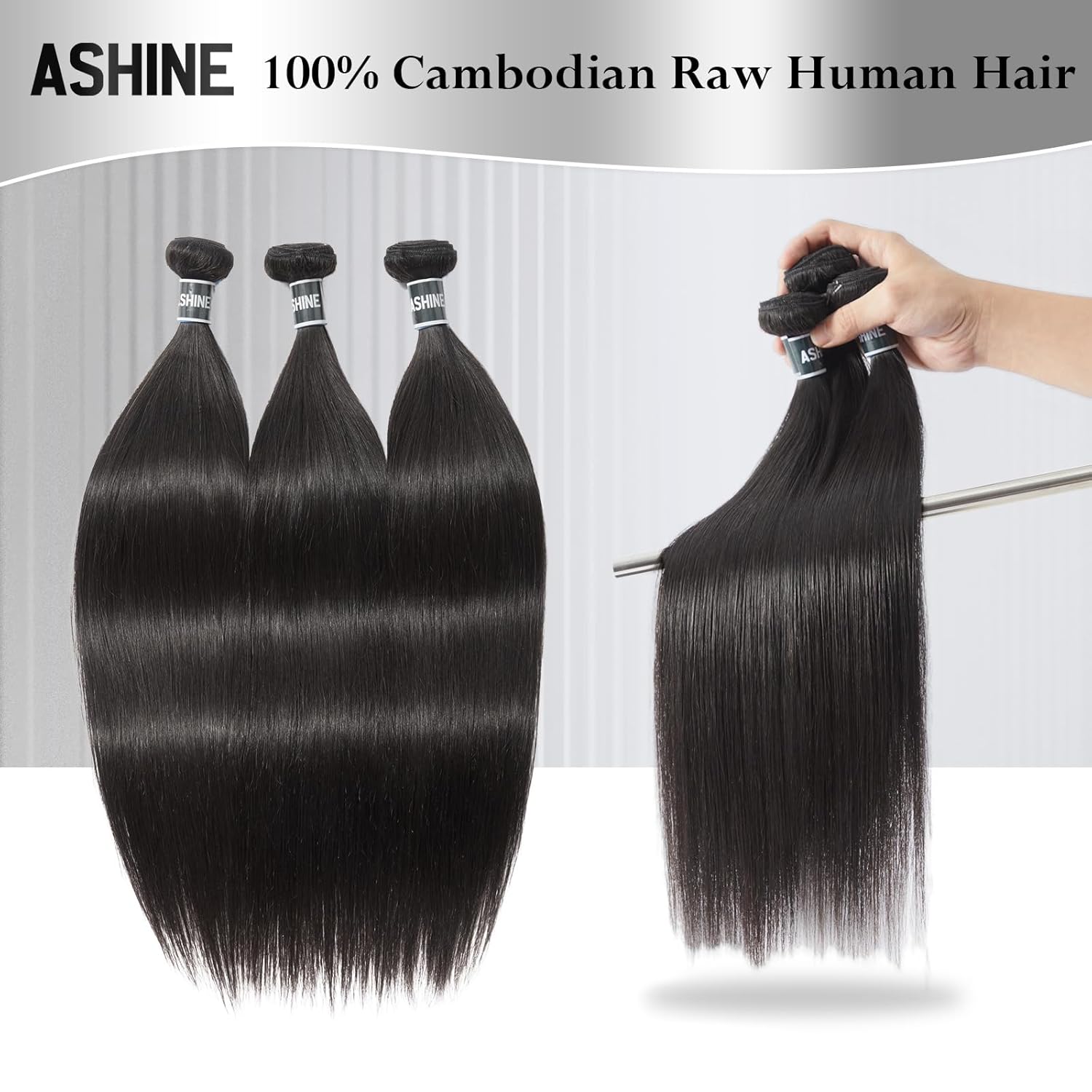 ASHINE 14 16 18 inch Raw Human Hair Bundles Straight Unprocessed for Women Natural Black 3 pcs Bundles