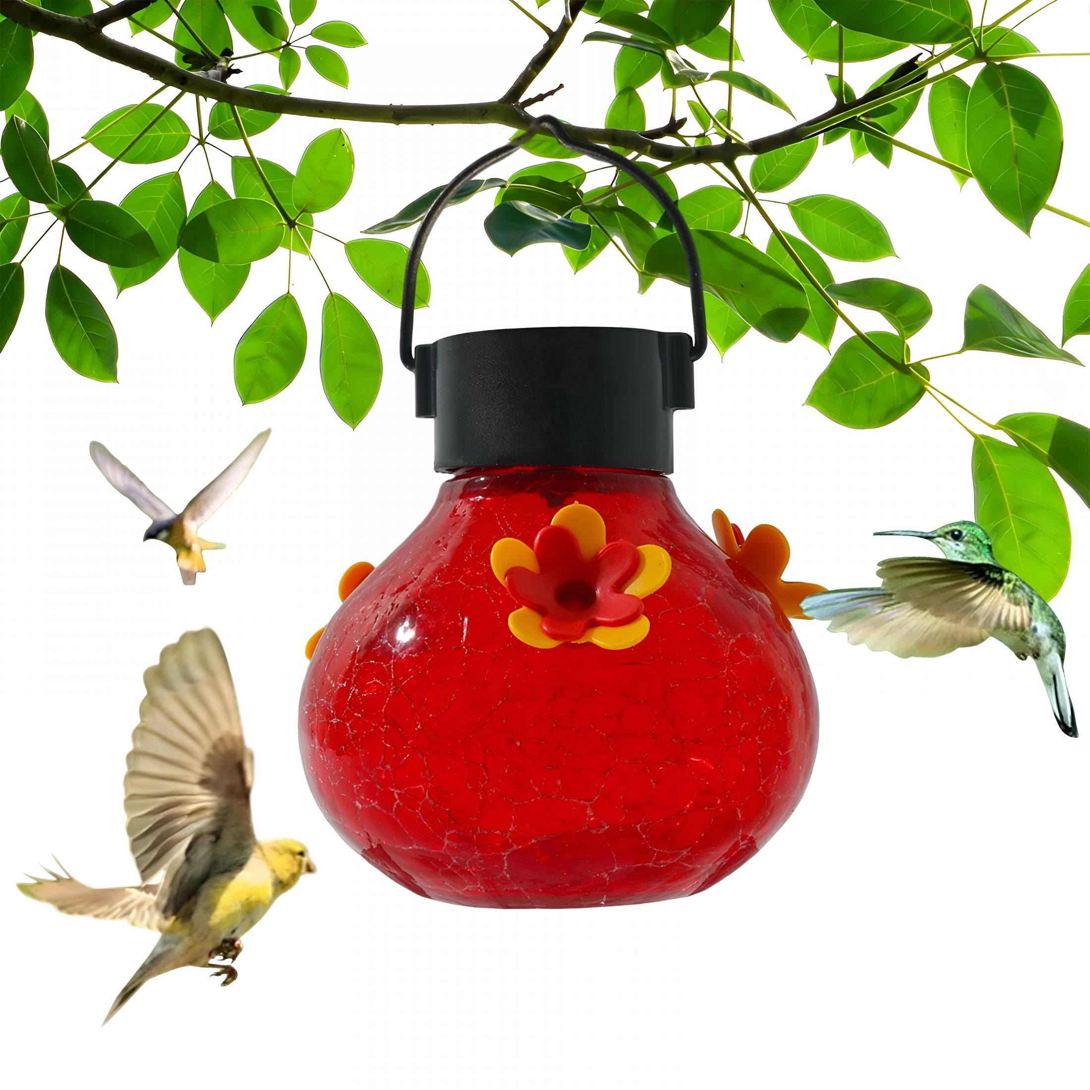ACDANC Solar Hummingbird Feeder with LED Lights, Automatic Bird Glass Feeder, Outdoor Garden Patio Decor, Bird Attractor at Night, Easy to Hang Clean, 6.5x3.94 Inch, Multicolor