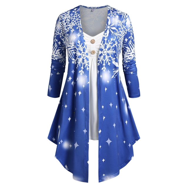 Camiseta Tipo Túnica Diseño Impreso Copo de Nieve Botones Tamaño Plus Rosegal Mangas largas de talla grande