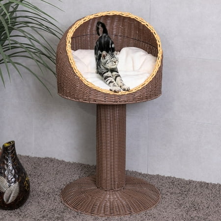 Gymax 17'' Cat Bed Home Ball Hooded Rattan Wicker Elevated Cat Kitten with