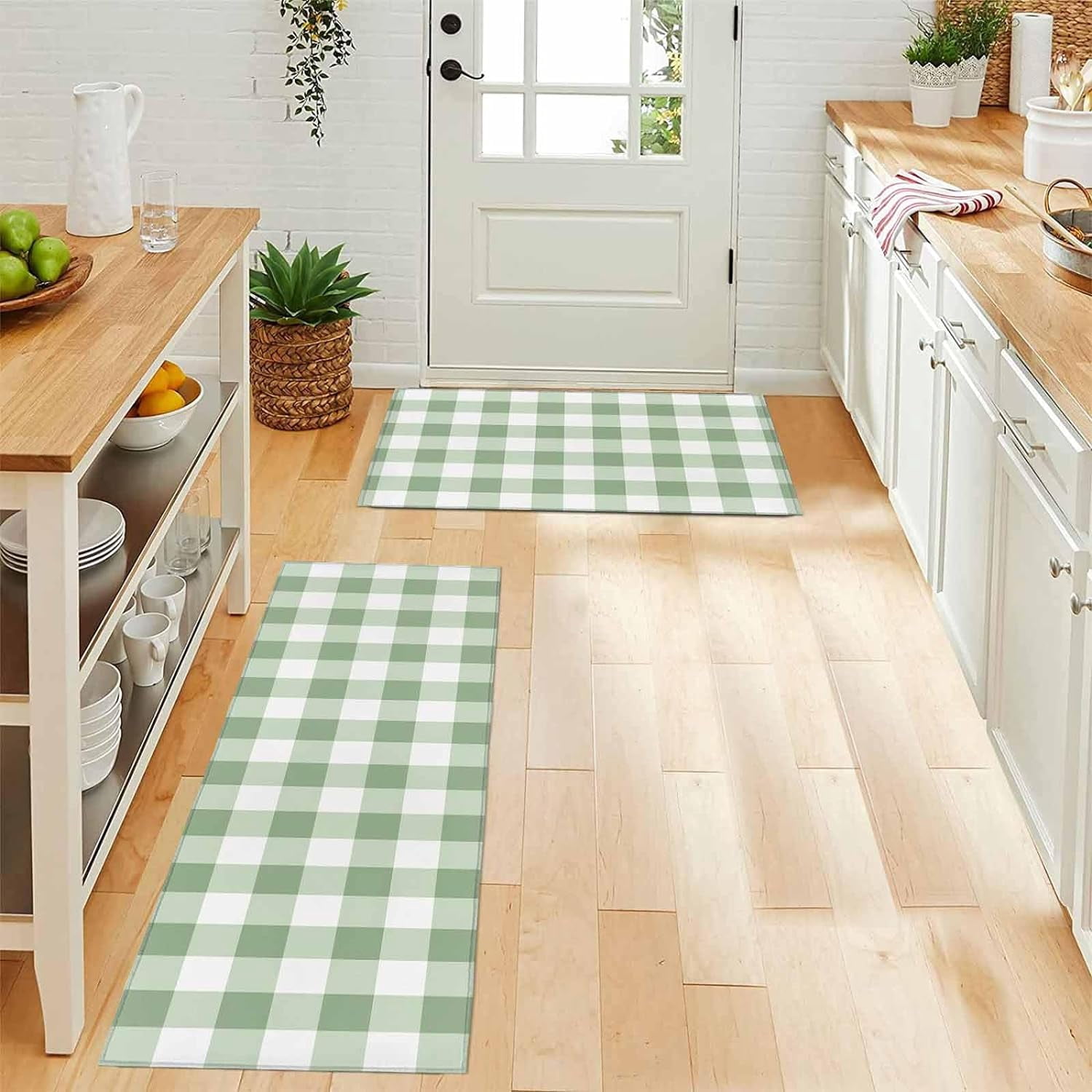 Easter Kitchen Rugs and Mats 2 Pieces Sage Green Buffalo Plaid Runner Rug Sets Check Soft Comfort Standing Kitchen Mats for Floor Absorbent Area Rugs Carpet Farmhouse Cushioned Doormat Home Decor