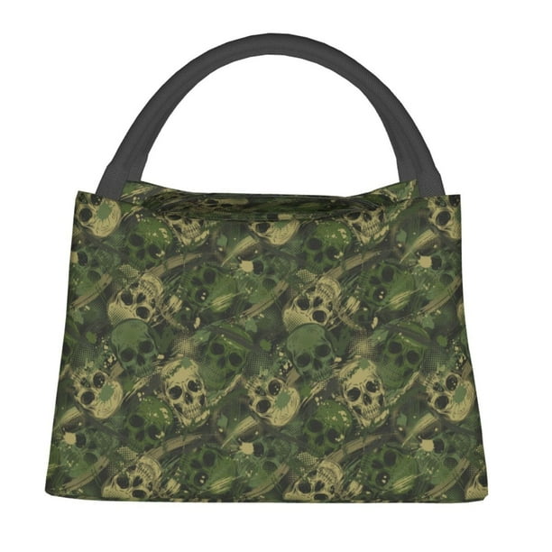 Easygdp Green Camouflage Skull Bolsa de Almuerzo Insulada Reutilizable, Bolsa de Mano y Bandolera para Oficina, Trabajo, Viajes