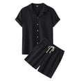 thumbnail image 2 of Men's Spring Summer 2-Piece Casual Set, Cotton Linen Short Sleeve Shirt and Shorts, Breathable Outfit For Beach and Vacation,Black,L, 2 of 5