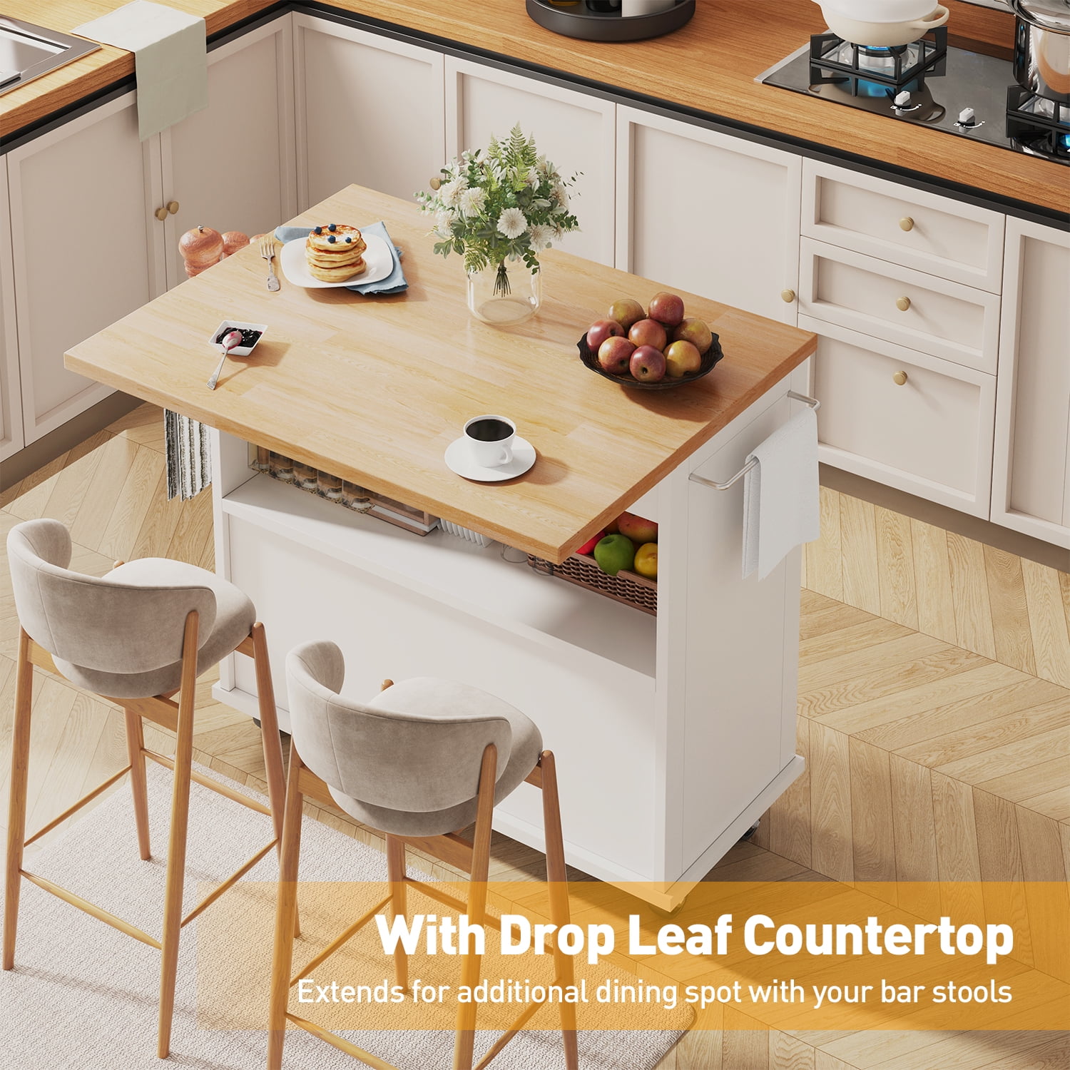 Rolling Kitchen Island with Folding Drop Leaf Top, Storage Cabinet & 2 Drawers, 35.4" W Kitchen Cart, Portable Mobile Kitchen Island with Lockable Wheels, Towel Rack and Adjustable Shelves, Blue