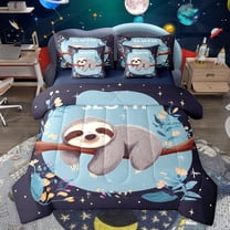 jejeloiu Cartoon Sloth 7-Piece Twin Bedding Sets,Retro Rustic Flower Bedding Comforter Set,Gray Blue Sheet Sets For Girls Boys,Ultra Soft Home Decor Reversible