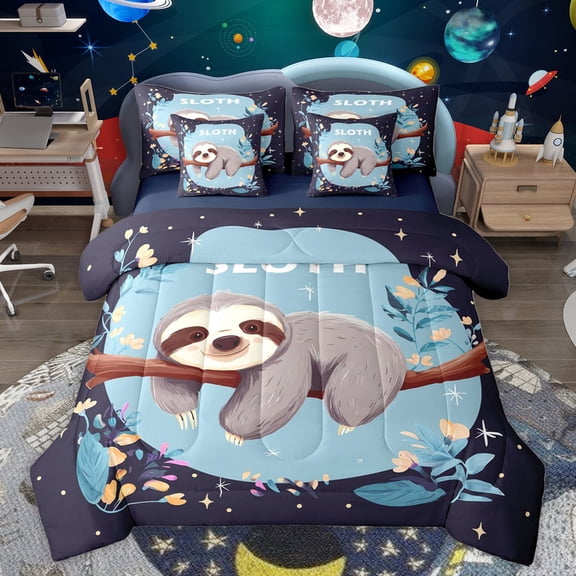 jejeloiu Cartoon Sloth 7-Piece Twin Bedding Sets,Retro Rustic Flower Bedding Comforter Set,Gray Blue Sheet Sets For Girls Boys,Ultra Soft Home Decor Reversible
