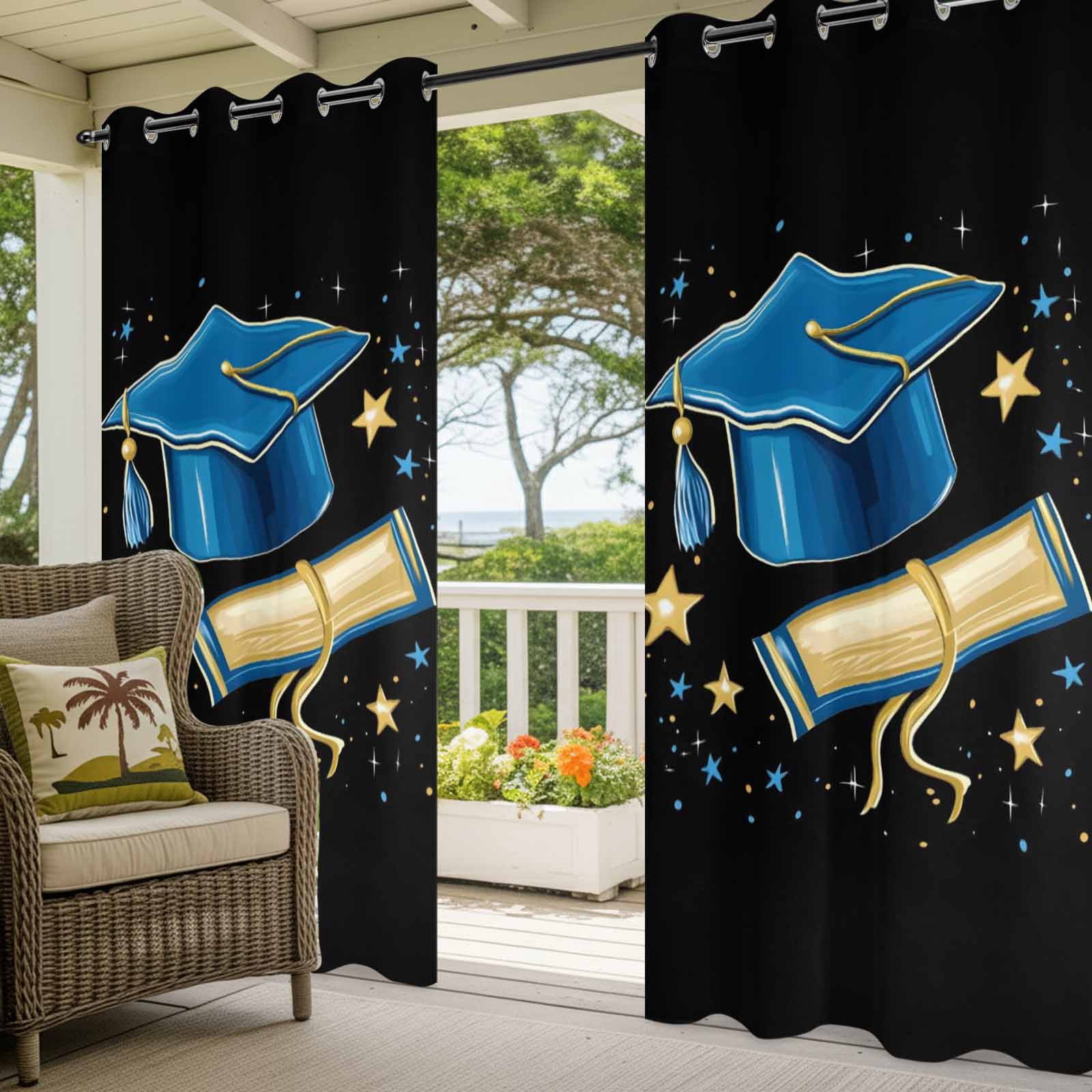 Blue Graduation Cap Outdoor Curtains for Patio, Diploma Yellow Sparkling Stars Abstract Tassels Black Sunshade Privacy Drapes Grommet Waterproof Outside Curtains for Porch Balcony 54"x108", 1 Panel