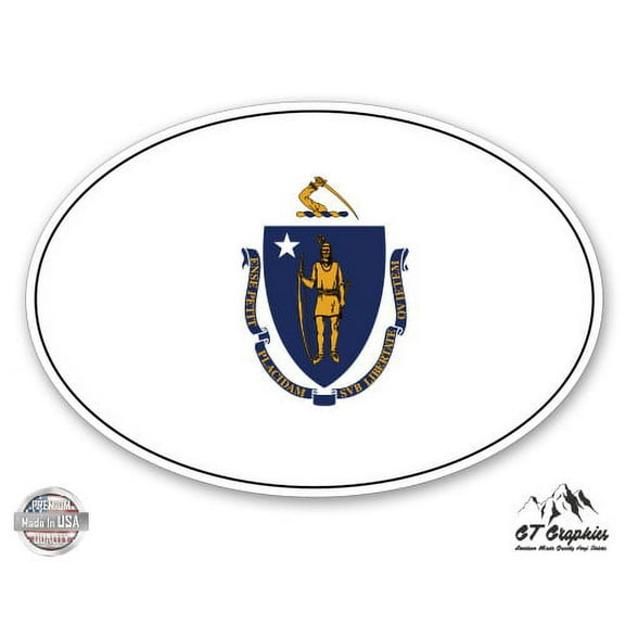 Massachusetts State Flag Oval - 3" Vinyl Sticker - For Car Laptop I-Pad Phone Helmet Hard Hat - Waterproof Decal