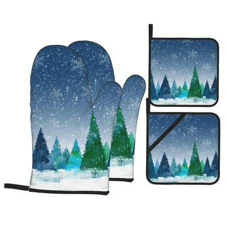 

Oven Mitts and Pot Holders Sets 4 pcs - Christmas Trees k Heat Resistant Silicone Oven Gloves with Non-Slip Silicone Surface and hot pads for kitchen Baking Cooking BBQ