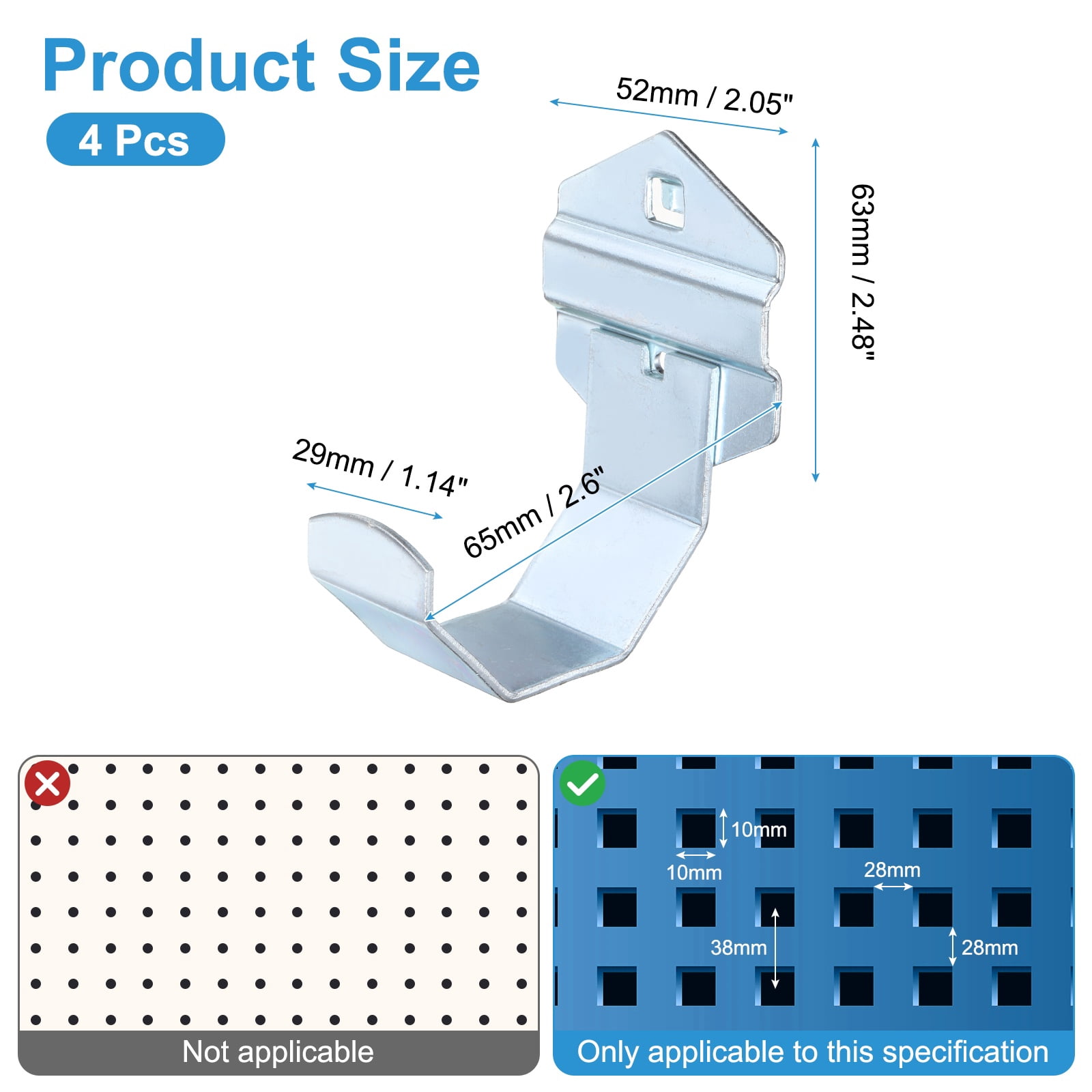 Uxcell 4Pcs Metal Square Peg Board Hooks, 2.6" Heavy Duty Square Hole Peg Hook for 3/8" Spaced Pegboards, Silver