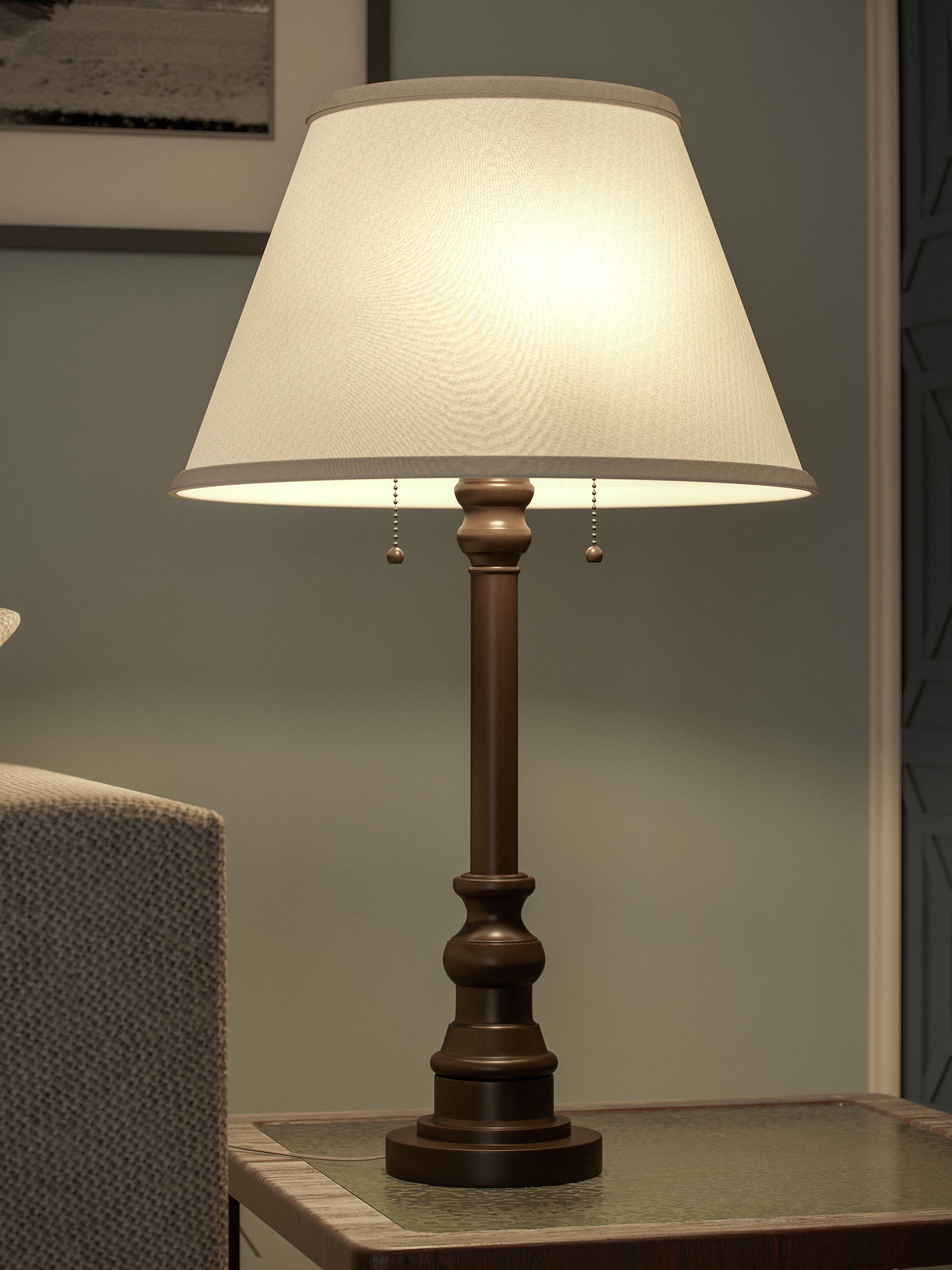 Kenroy Home Spyglass 30.5'' Table Lamp with Off-White Fabric Empire Shade Transitional Table Light Fixture for Living Room, Bedroom, or Office, Bronze