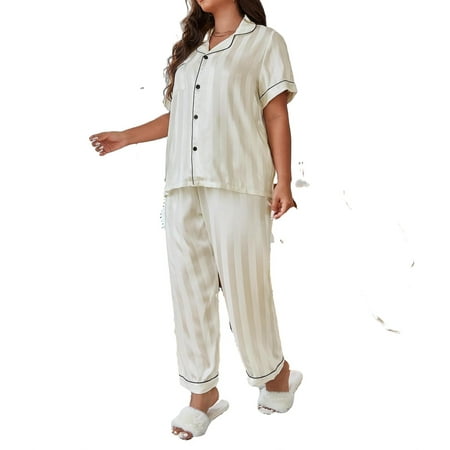 

Womens Plus Pajamas Sets Striped Pant Sets Sleepwear PJ Set White 5XL