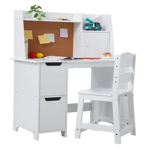TROPOW Kids Study Desk and Chair Set with Storage - White Learning Table with Bookshelf and Cabinets for Boys and Girls Ages 3-8