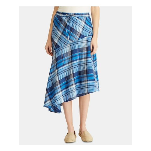 RALPH LAUREN Womens Navy Plaid Midi A-Line Skirt 8