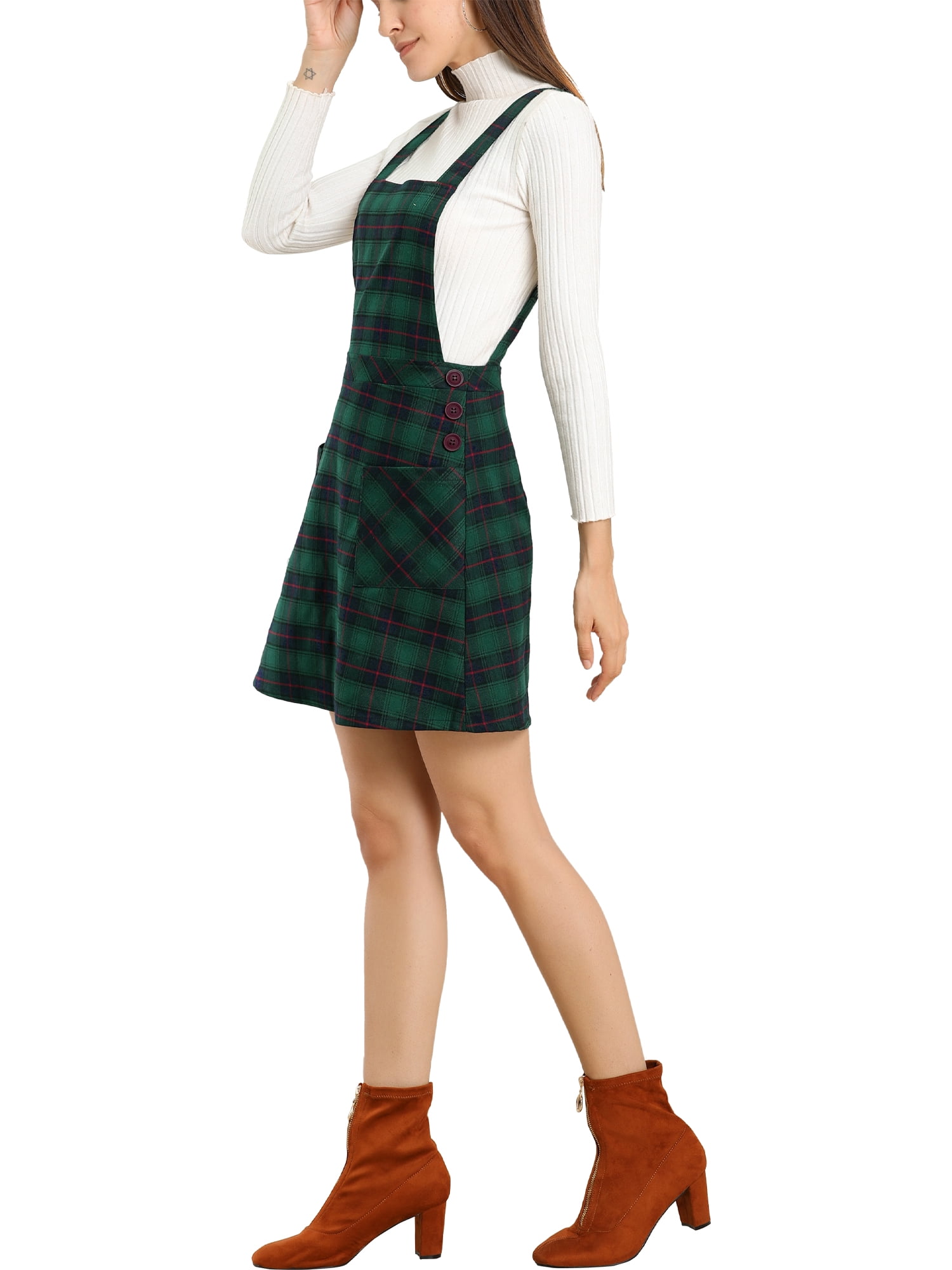 DARING DIVA Tartan Print Button Decor A-Line Pinafore Overall Dress S Green