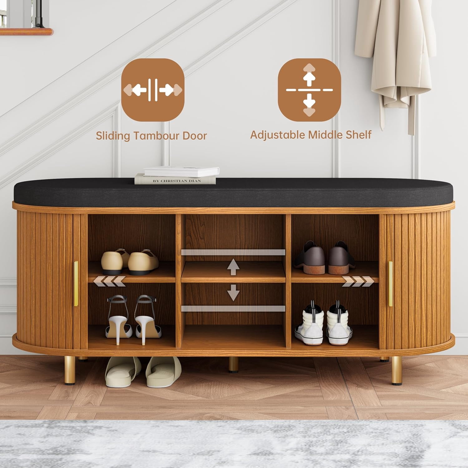 43.3" Wide Storage Shoe Bench Mid-Century Modern, 2-Tier with Thick Padded Cushion, Fluted Sliding Door & Adjustable Shelf, for Entryway, Living Room, Bedroom, Yellow Walnut