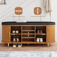 thumbnail image 4 of 2-Tier Storage Bench,Wide Shoe Bench with Thickened Padded Seat Cushion, Mid Century Modern Fluted Sliding Door and Adjustable Shelf, for Entryway, Living Room, Bedroom (Yellow Walnut, 43.3“), 4 of 7