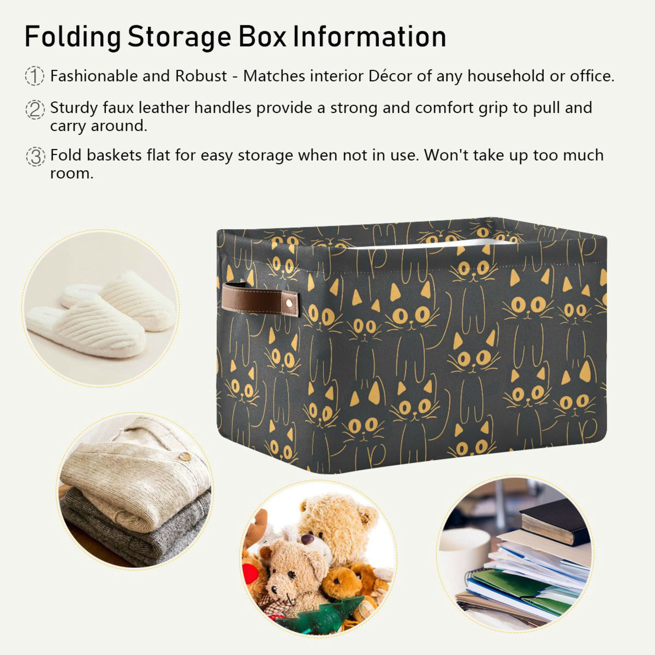 Black Cats Lines Storage Bins with Handle Fabric Organizer Basket Foldable Box 2 Pack 14.2x10.2x8.3