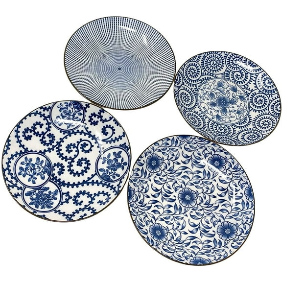 TJ Global Set of 4 Japanese Pottery Ceramic 6.8 Inch Plates for Any Meal and Dish, Japanese Dinnerware and Tableware with Traditional Blue Design POR607