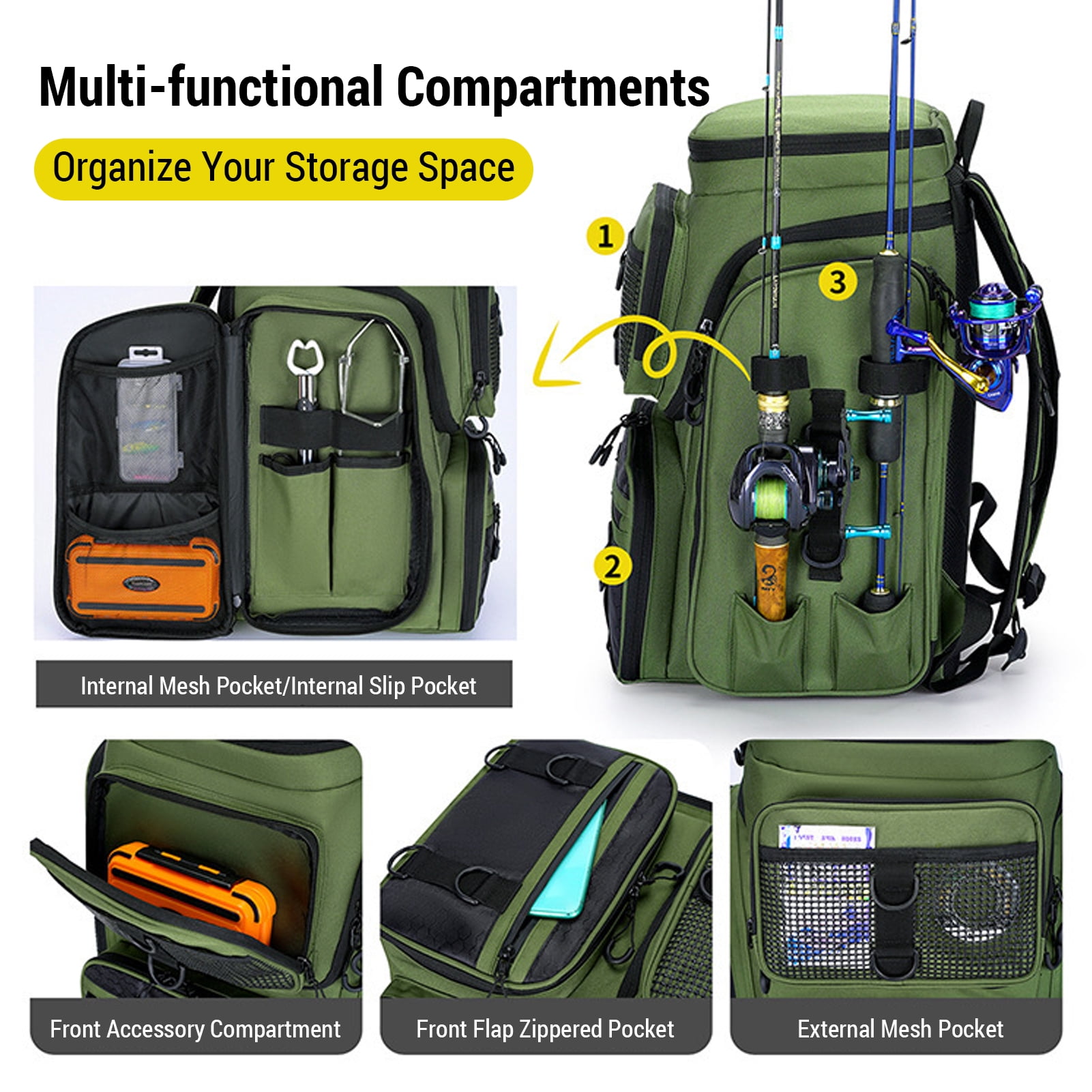 Blusea Fishing Tackle Backpack , Large Outdoor Storage Tackle Bag  for Fishing Gear,Green（NO Trays）