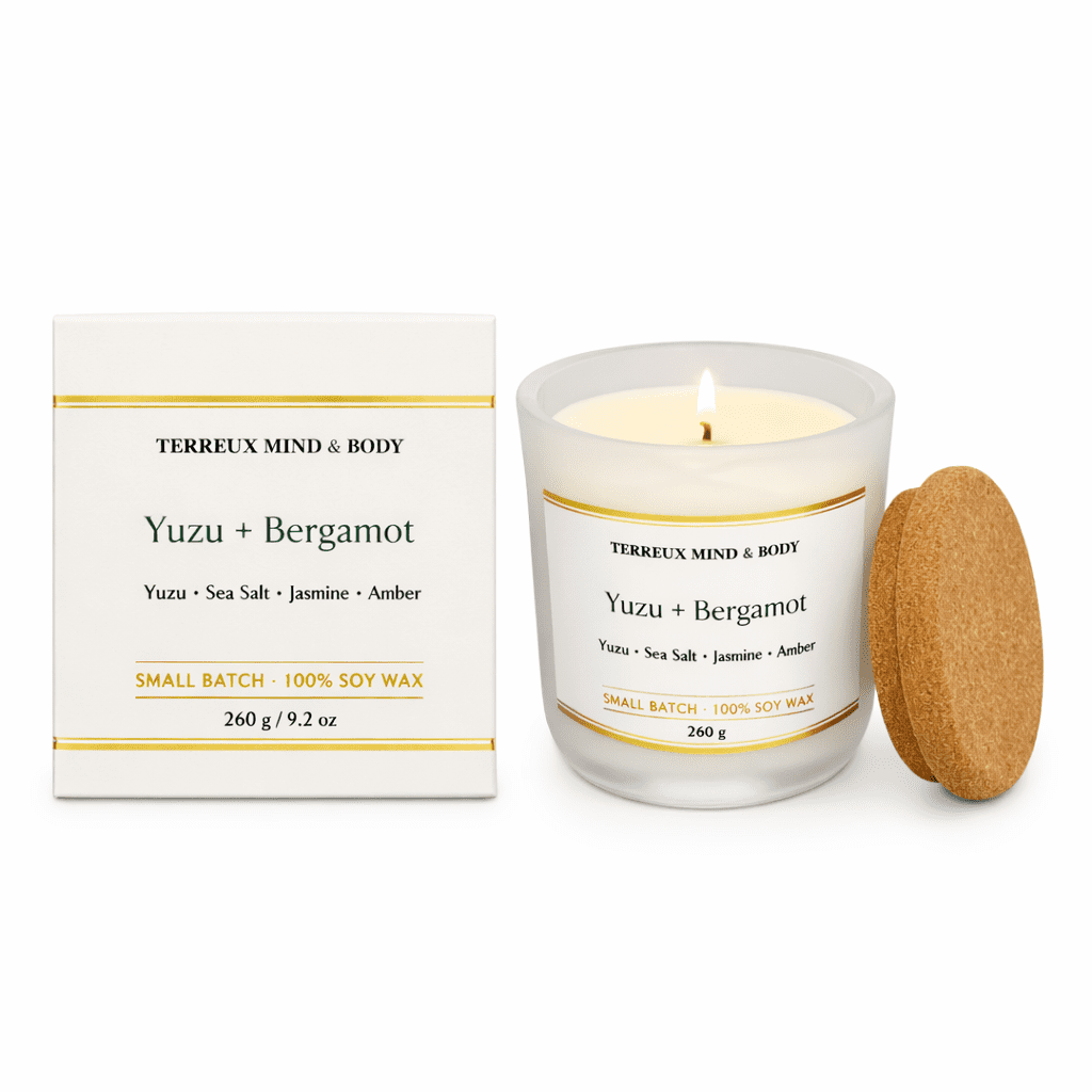 Terreux Mind and Body 10 oz Yuzu Bergamot Scented Container Candle with 48 Hour Burn Time, Two-Wick, Soy Wax