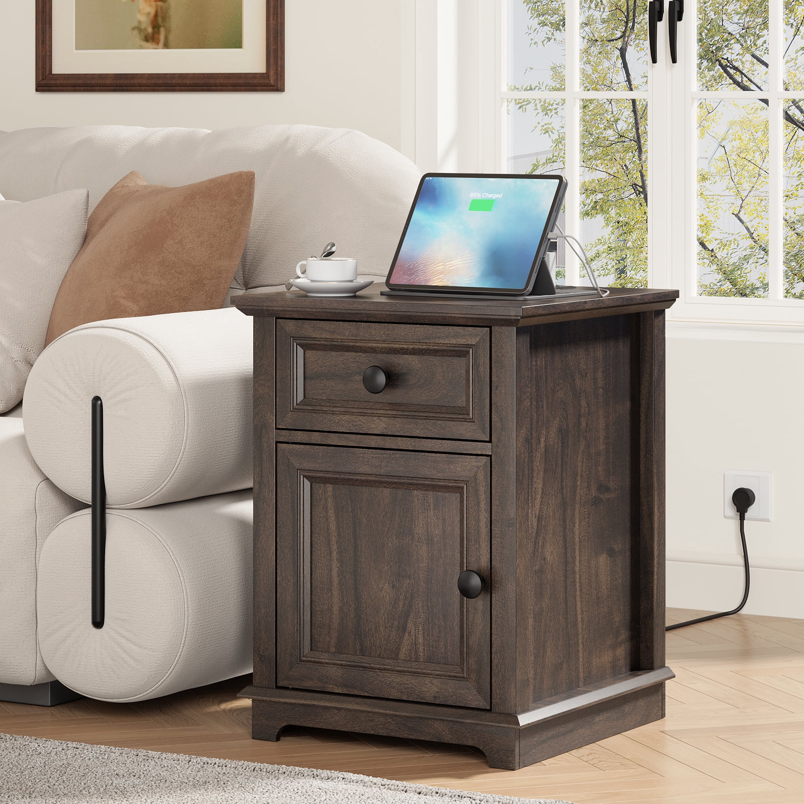 FAGAGA End Table for Living Room with Charging Station, Square Sofa Side Table with Drawer and Adjustable Storage Shelf, Wooden Nightstands Storage Cabinet for Bedroom, Office | Brown