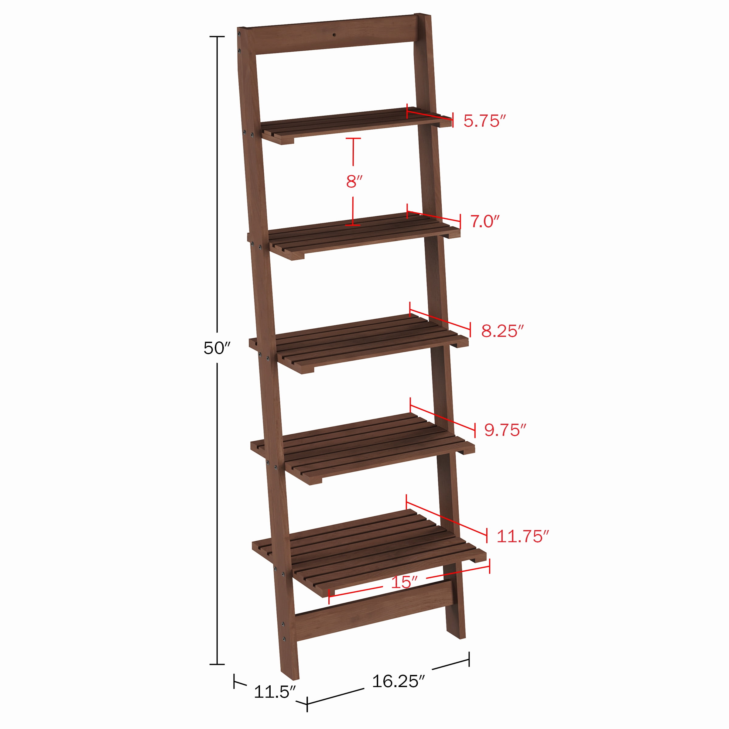 Lavish Home Cherry Finish 5-Tier Slatted Wood Leaning Ladder Shelf
