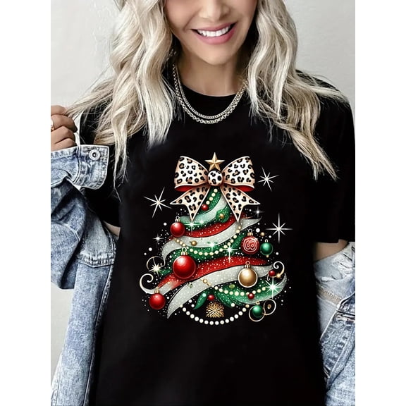 Merry Christmas T-Shirt Glittering Christmas tree Graphic Short Sleeve Shirt for Women