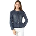 thumbnail image 1 of Chaqueta de mezclilla con cuello redondo y botones de manga larga con volante recortado y peplum para mujer Azul marino XS, 1 of 6