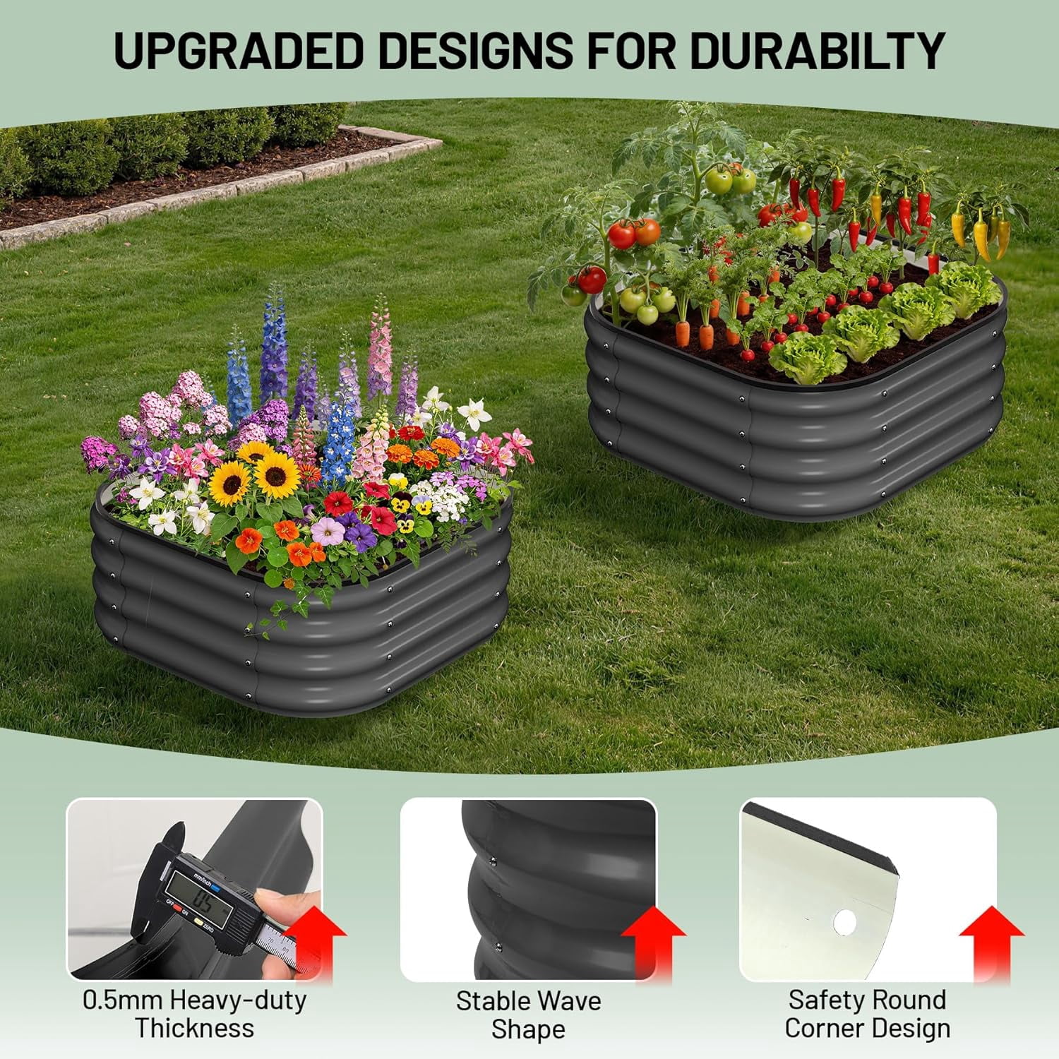 2 Pcs Galvanized Raised Garden Bed, Raised Garden Beds Outdoor, Squircle Planter Raised Beds with Gloves and Rubber Edge Trim for Vegetables, Flowers and Herbs, 2x2x1 FT, Green/Dark Grey