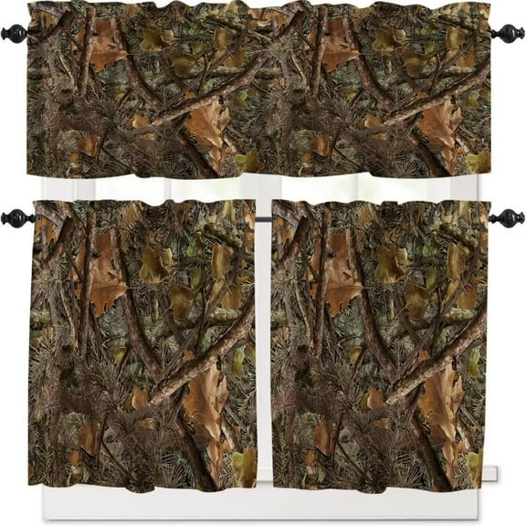 Forest Camouflage Curtain Set, Forest Camo Conifer Oak Branches Leaves Mossy Hunting Lodge Camp Cabin Theme Windows Curtain Valance for Cottage Kitchen Dining Room, 54''x18'' & 27''x36''x2, 3 Panels