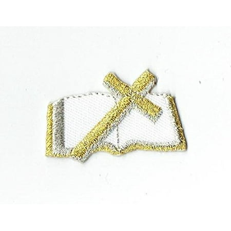 - Gold/White Holy Bible with Cross - Iron on Applique/Embroidered Patch