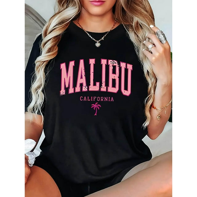 Camiseta informal de cuello redondo para mujer con estampado geométrico de Malibú, California, tejido de punto de algodón, elasticidad media, ideal para todas las estaciones, ideal para deportes de oc