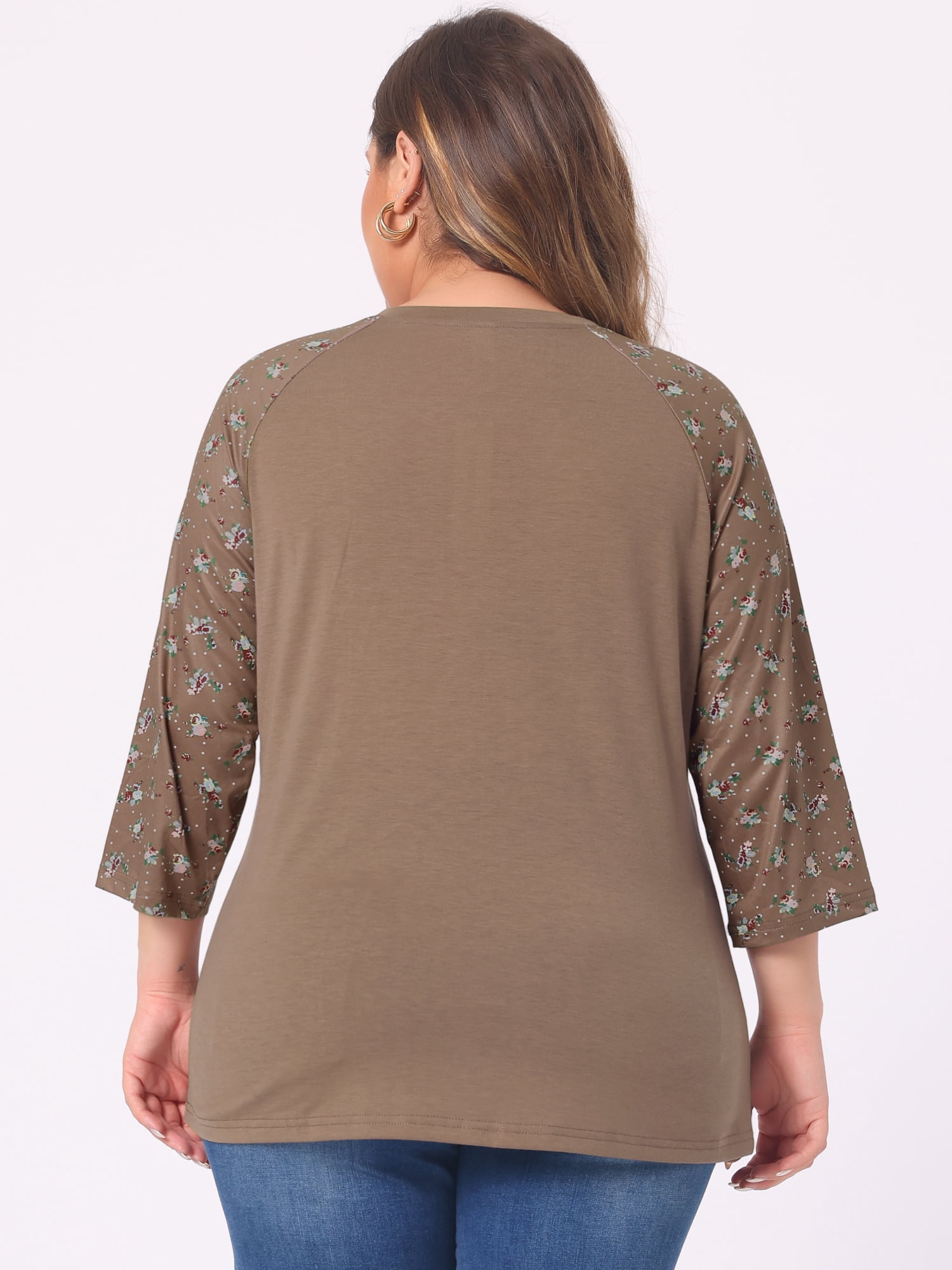 DARING DIVA Women's Plus Tops Casual Floral V Neck Spring Raglan Top 3X Brown
