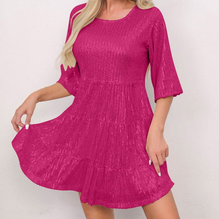 Hot Pink Sequin Sparkle Glitter Basic Formal Prom Party Evening Rave for  Ladies Summer Fall Short Sleeve Midi Mini Little Loose Fit Dress Homecoming  Dresses Juniors 2025 XL - Walmart.com
