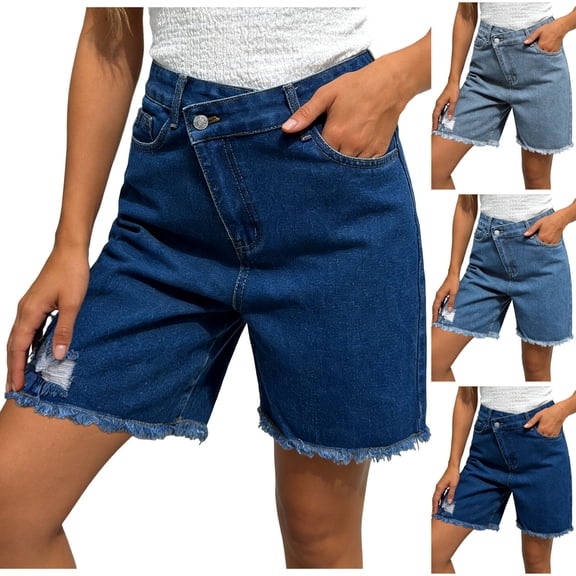 felwors Jean Shorts for Women High Waisted Raw Hem Mid Thigh Cut Off Stretchy Denim Shorts Casual Summer Jorts（Blue， S）