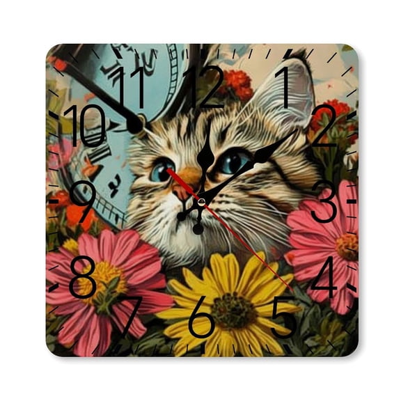 RKSupls 10×10inch Square Silent Wall Clock Wooden Frame, Cat Flowers Clock Garden Scale Decorative Clock for Home Bedroom Living Room Office
