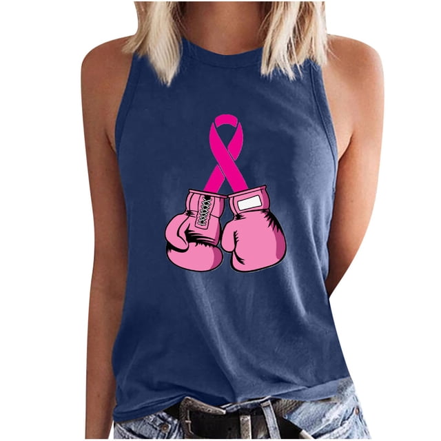 Chandails de Sensibilisation au Cancer du Sein pour Femmes, Col Ras du Cou, Blouse Basique Imprimée Sans Manches, Débardeur Décontracté d'Été pour l'Entraînement