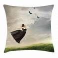 thumbnail image 1 of Butterfly Throw Pillow Cushion Cover, Poetry Bleak Weather Day Tulle Dress Jumping Girl with Butterflies, Decorative Square Accent Pillow Case, 16 X 16 Inches, Pale Grey and Olive Green, by Ambesonne, 1 of 2