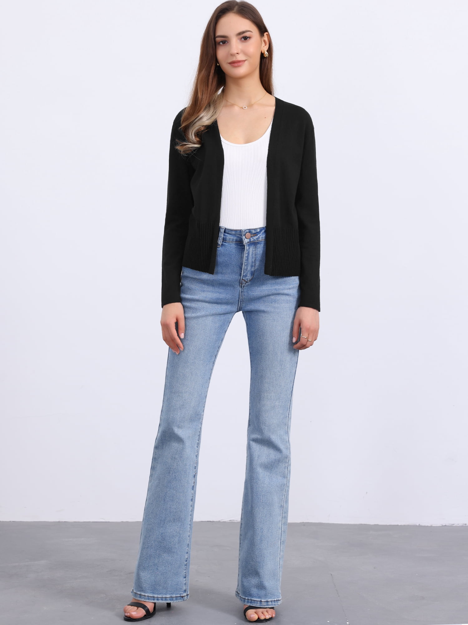 DARING DIVA Women's Open Front Long Sleeve Knit Cropped Cardigan XS Black