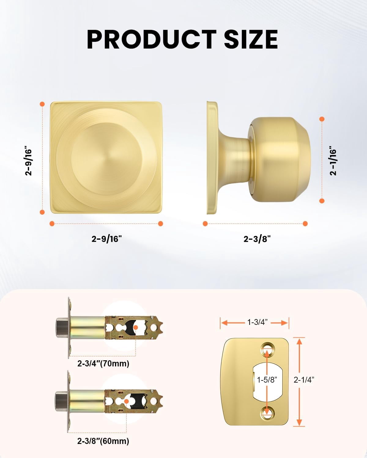 6 Pack Gold Interior Door Knobs, Passage Door Knobs for Closet and Hallways Keyless Non-Locking Doorknob Square Panel