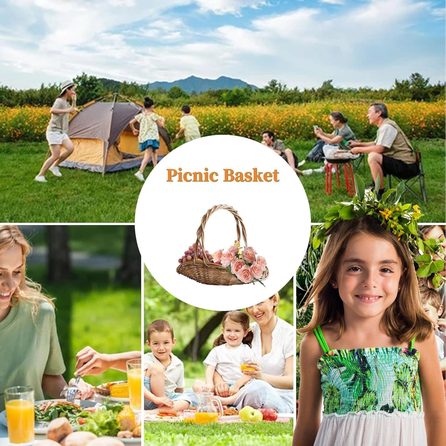 Rattan Garden Baskets for Gathering Vegetables, Mini Picnic Basket with Handle, Multipurpose Harvest Basket Woven Easter Basket for Fruits , Rustic Woven Picnic Basket with Handle(S)